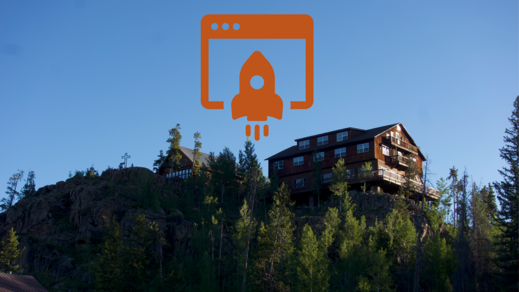 lodge as seen from below, with a graphic of a rocket taking off into a web browser
